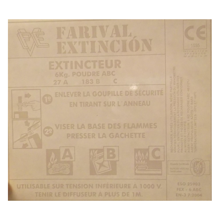 LETRERO ADHESIVO EXTINTOR 6KG IDIOMA FRANCES 170x155mm